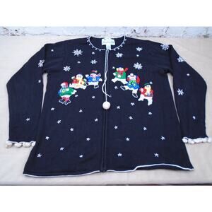 Vintage The Quacker Factory Full Zip Beaded Embroidered Snowman Sweater Size L